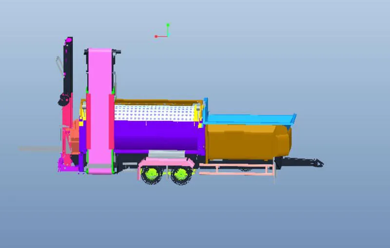 3D-Konstruktion des Maschinenmodells am Bildschirm, Seitenansicht mit farbig markierten Bauteilen